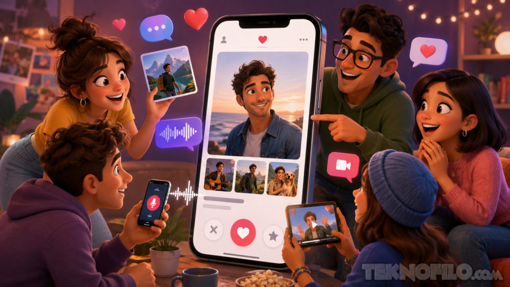 Grupo de amigos mirando perfiles en app de citas en un teléfono gigante con corazones y mensajes.