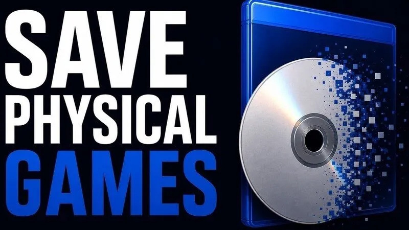 Texto Save Physical Games con imagen de un disco físico a medio pixelear en una caja azul.