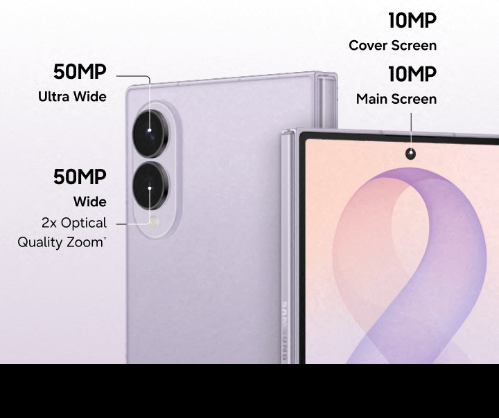 Cámara trasera de 50MP y frontal de 10MP de un smartphone plegable Samsung, con zoom óptico y pantalla dual.