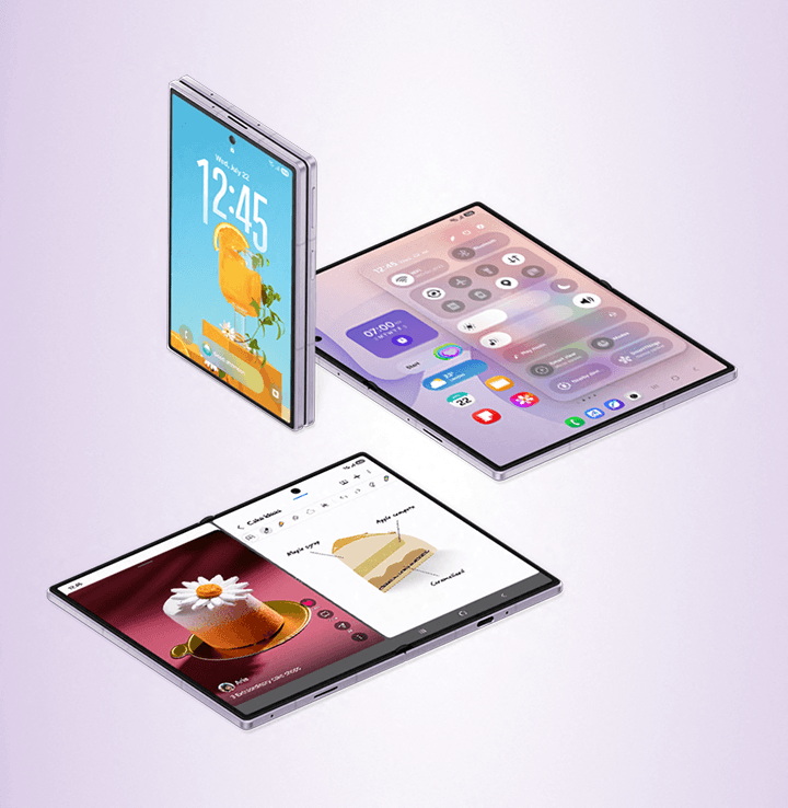 Tres dispositivos plegables mostrando pantallas interactivas y aplicaciones, destacando tecnología moderna y diseño versátil.