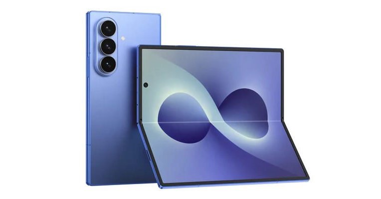 Teléfono plegable moderno en color azul con pantalla abierta y triple cámara trasera. Diseño innovador y elegante.