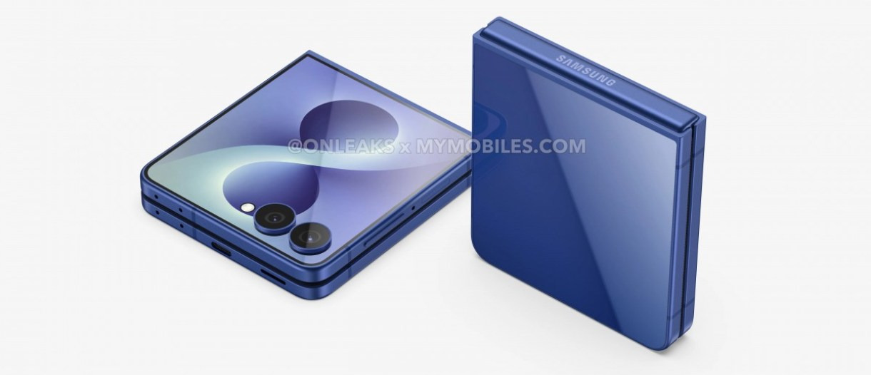 Teléfono plegable azul de Samsung mostrado desde dos ángulos, con diseño moderno y elegante.