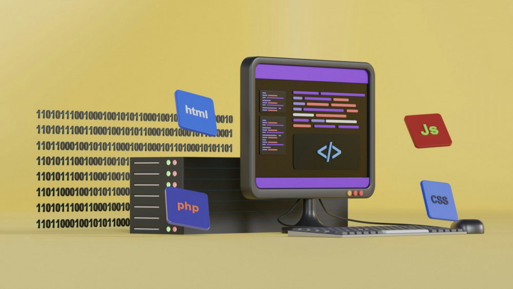 Hosting en España: cómo elegir el mejor para tu negocio Computadora con símbolos de programación HTML, CSS, PHP, y JavaScript sobre fondo amarillo. Codificación digital.