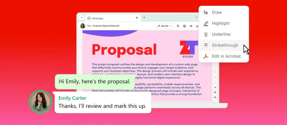 WhatsApp integra Adobe Acrobat: ya puedes editar y anotar PDF desde el chat Pantalla de propuesta PDF en edición, destaca un mensaje de chat y opciones de anotación en Adobe Acrobat.