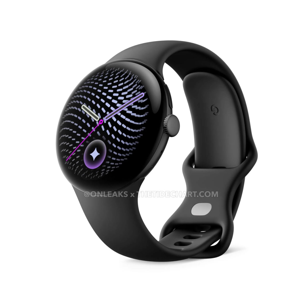Reloj inteligente con correa negra y esfera digital futurista en espiral púrpura. Diseño moderno y elegante.