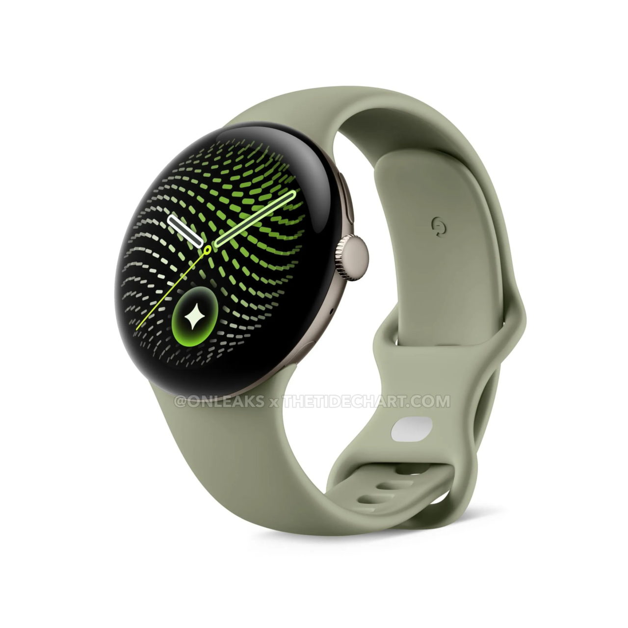 Reloj inteligente con correa verde y esfera moderna, mostrando una visualización digital iluminada en color verde.