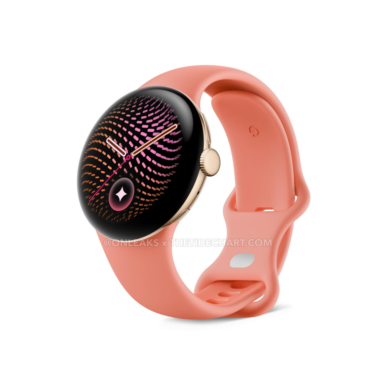 Reloj inteligente con diseño elegante, esfera dorada y correa rosa, mostrando pantalla con patrón digital colorido.