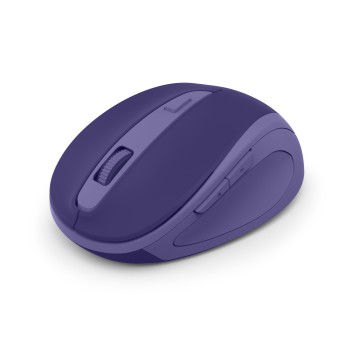Ratón inalámbrico color púrpura con diseño ergonómico y botones laterales, ideal para uso de oficina o gaming.