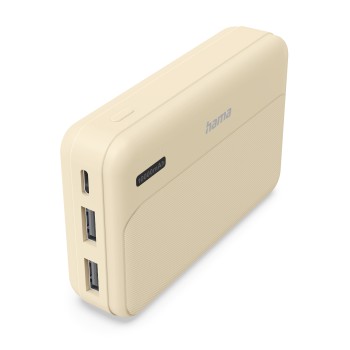 Banco de energía portátil beige con múltiples puertos USB para cargar dispositivos electrónicos sobre fondo blanco.