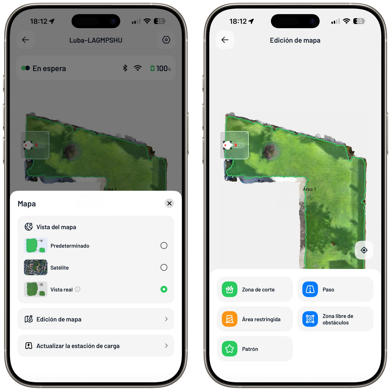 Aplicación móvil mostrando opciones de mapa en robots de jardín, incluyendo vistas y zonas de corte.