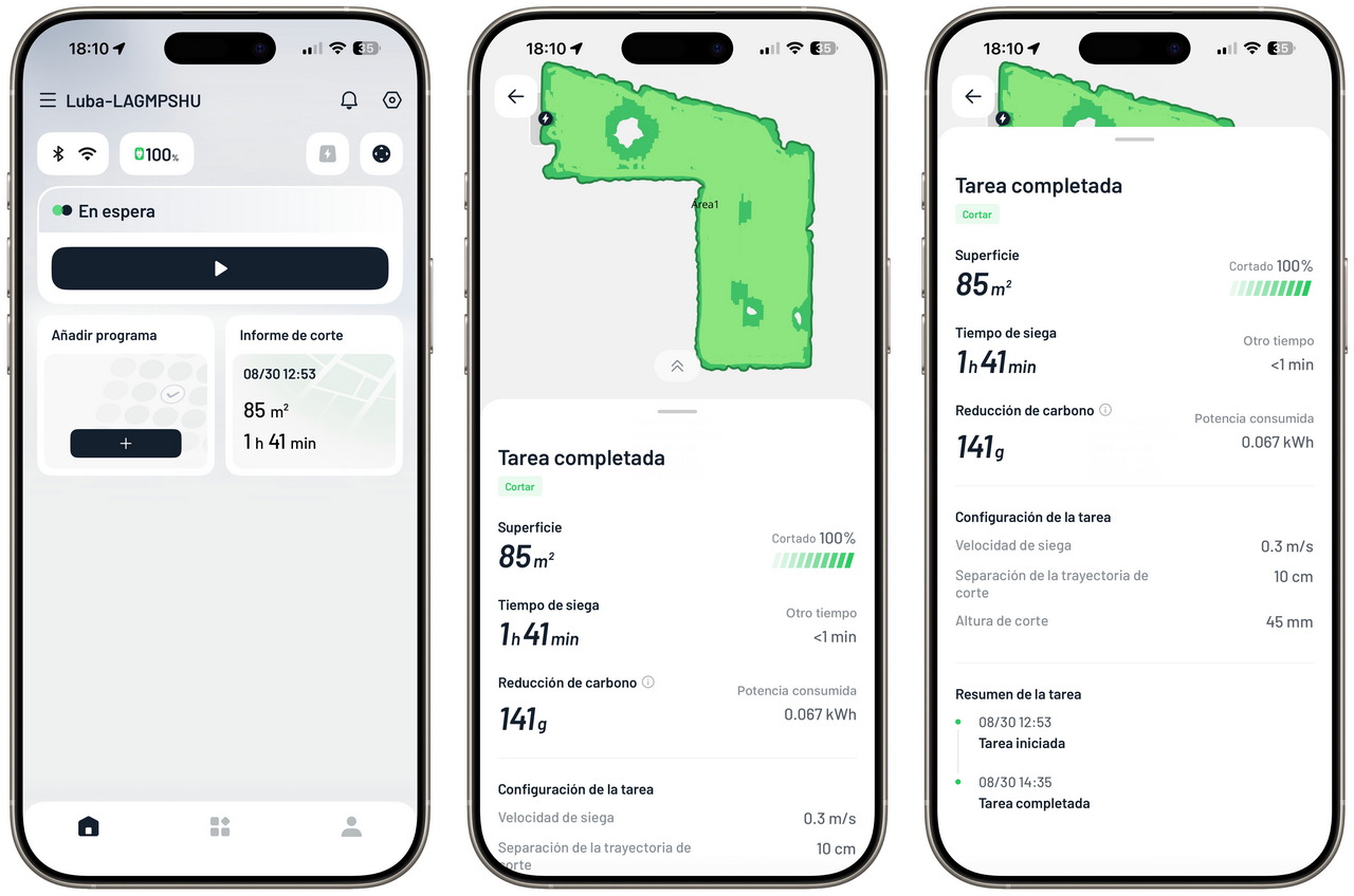 Pantalla de app móvil mostrando resultados de corte de césped: área cubierta, tiempo y ahorro de carbono.