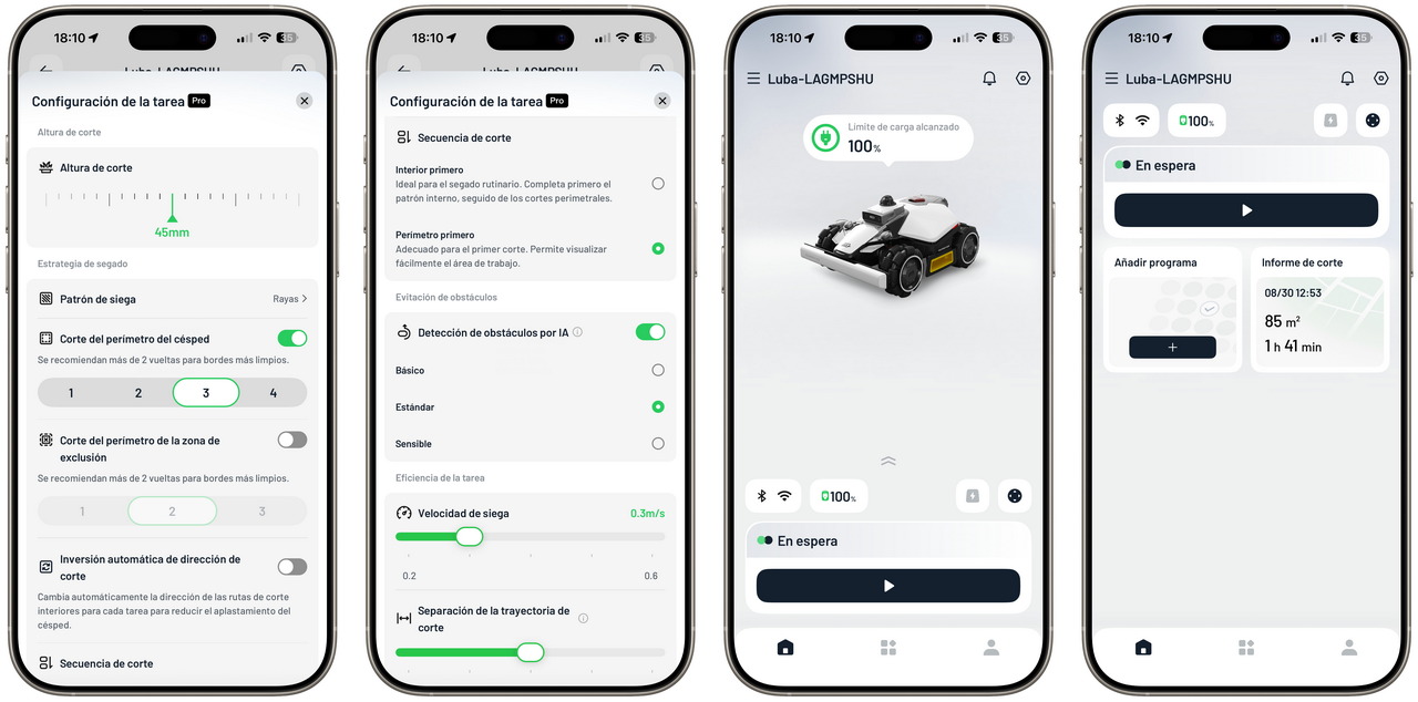 Aplicación de configuración y monitoreo de cortacésped robótico en pantalla de smartphone.