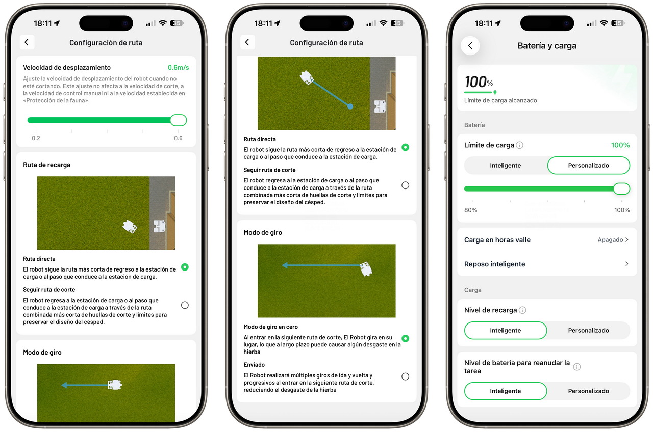 Aplicación móvil de configuración de ruta y carga para robot cortacésped, mostrando ajustes de batería y dirección.