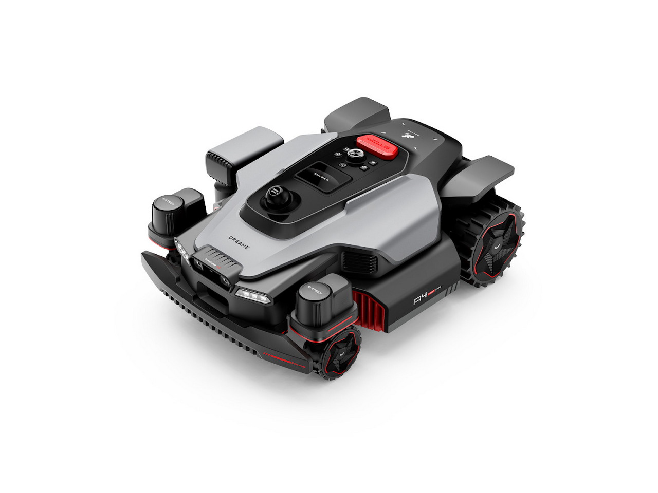 Cortacésped robótico avanzado en blanco, negro y rojo sobre fondo blanco. Tecnología moderna para el jardín.