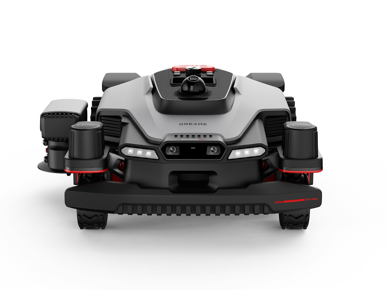 Cortacésped robótico avanzado Dreame con sensores y diseño moderno en vista frontal, ideal para jardín.