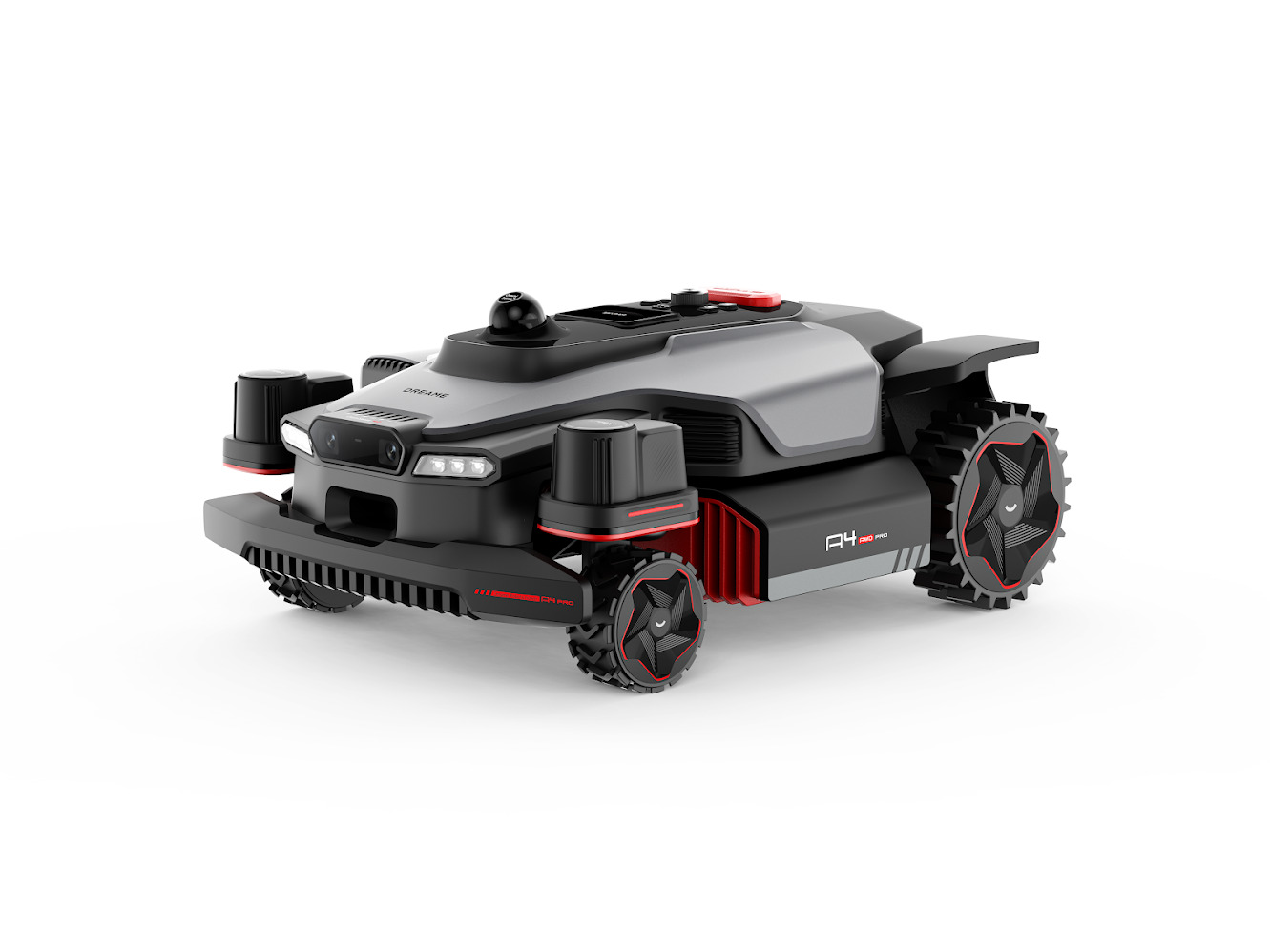 Cortacésped robótico avanzado negro y rojo con diseño moderno y tecnología de punta para jardines impecables.
