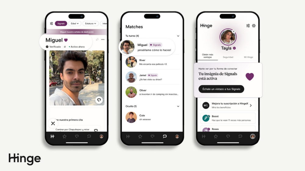 Tres pantallas de la app de citas Hinge mostrando perfiles y coincidencias.
