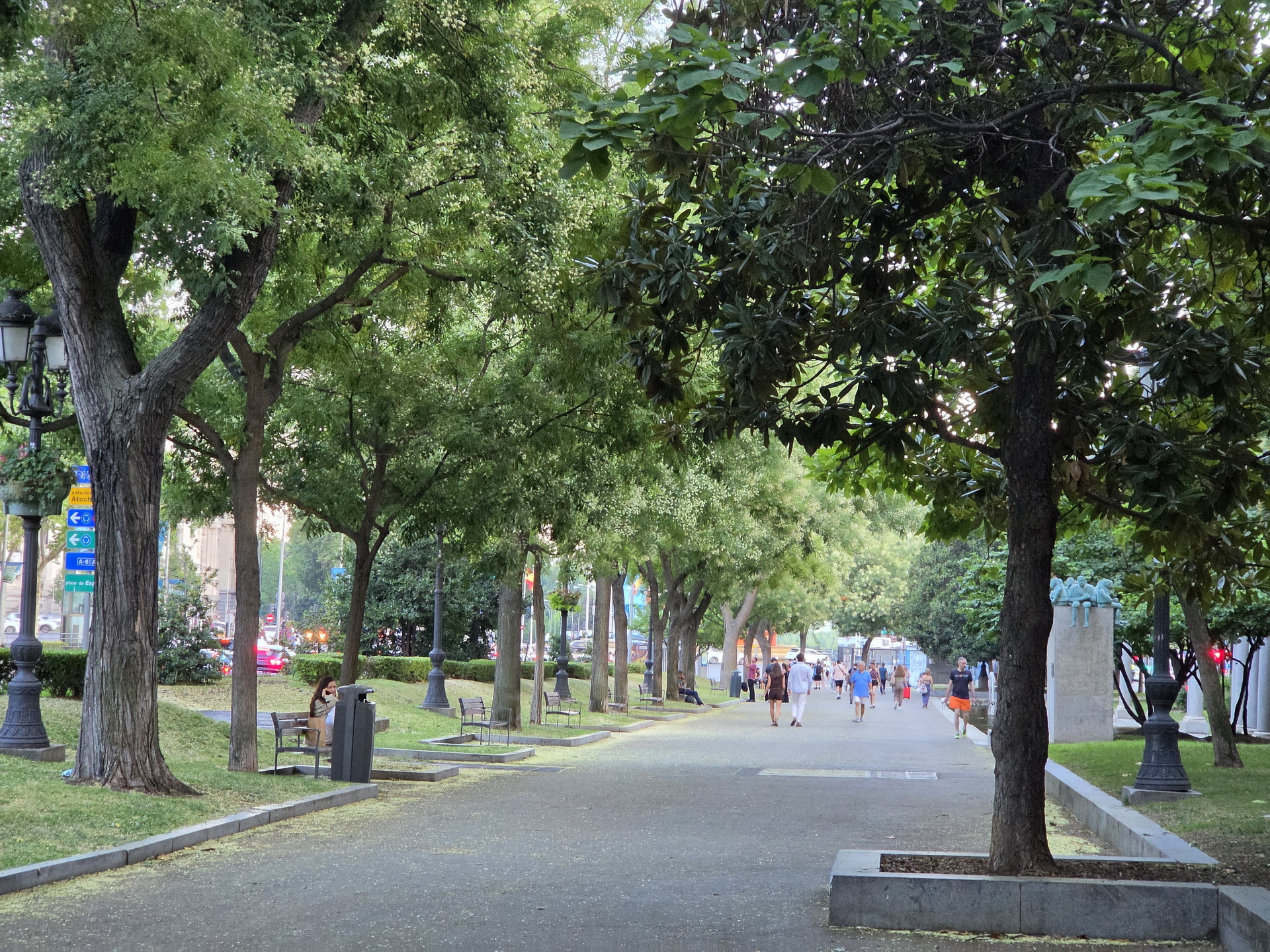 Paseo arbolado en una ciudad, personas caminando y bancos vacíos en un día soleado, ambiente tranquilo y natural.