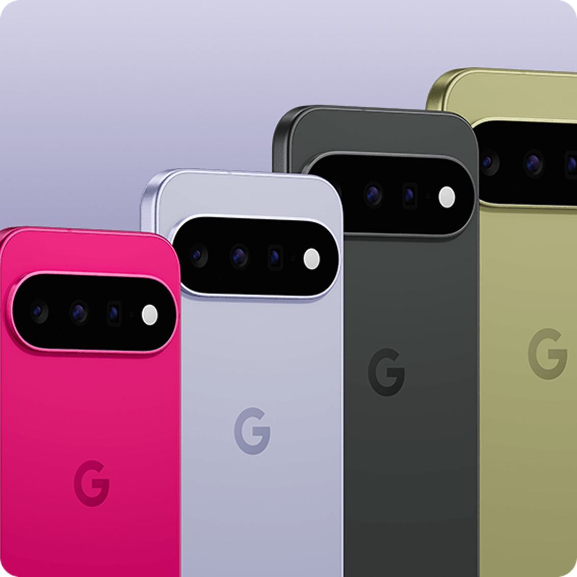 Cuatro smartphones Google en colores vibrantes: rosa, gris, negro y verde, mostrando sus cámaras traseras.