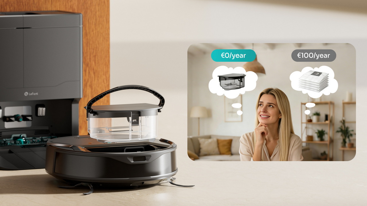 Robot aspirador con sistema de recogida económica y mujer comparando costos anuales en el hogar.
