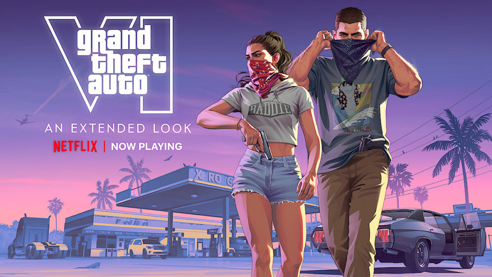 El nuevo vídeo de GTA VI arrasa en Netflix y provoca una avalancha mundial Arte promocional de GTA VI, personajes enmascarados frente a gasolinera, Netflix, tonos púrpura y rosa al atardecer.