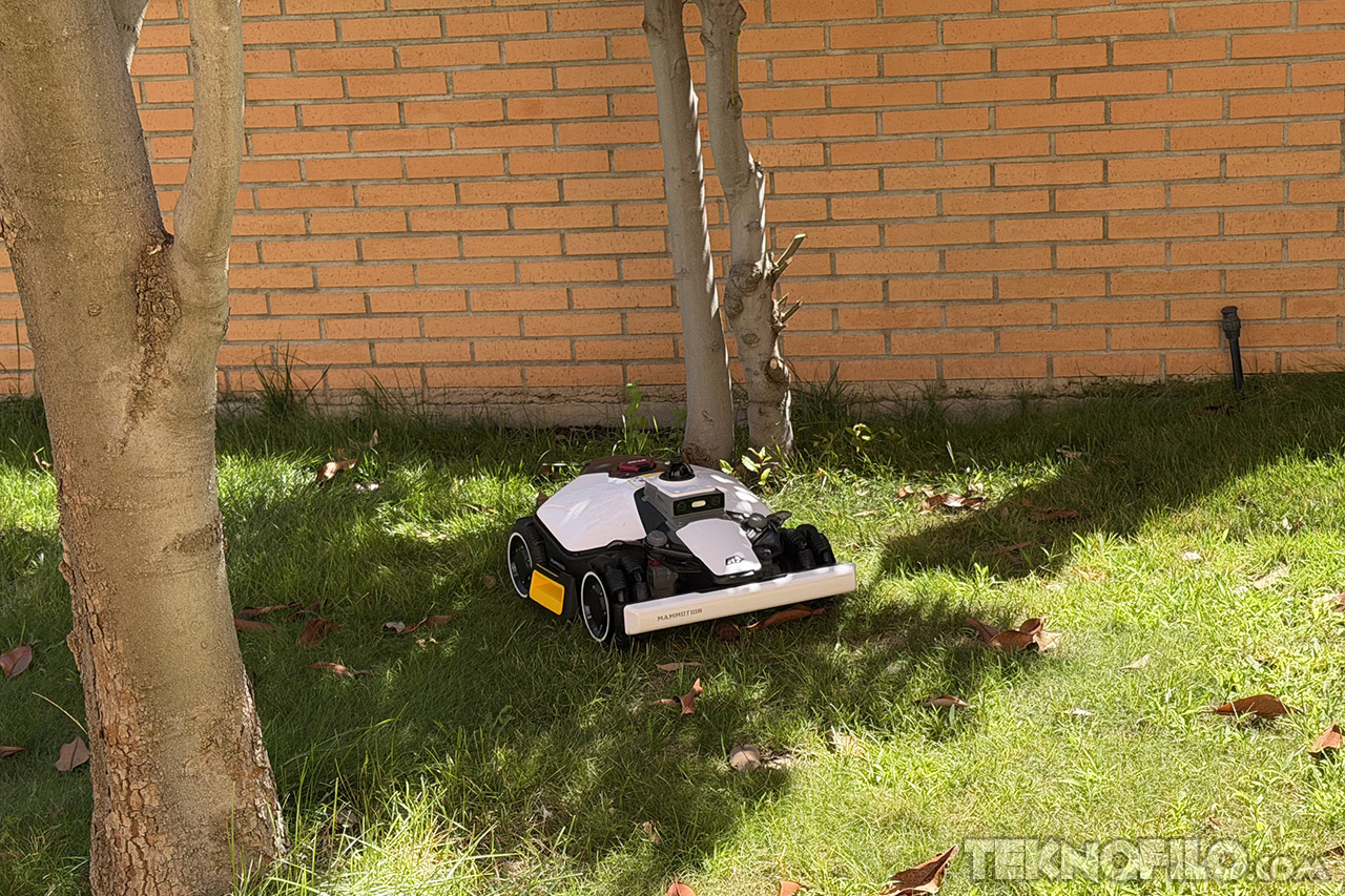 Robot cortacésped autónomo en jardín, frente a una pared de ladrillo, rodeado de árboles y césped verde.