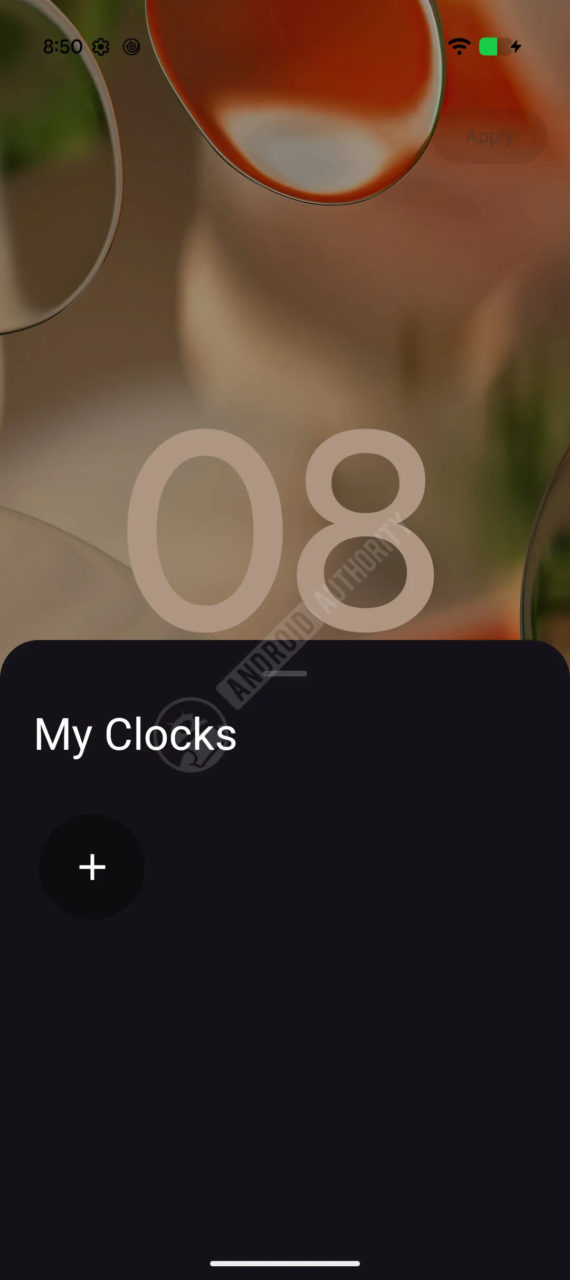 Pantalla de inicio de reloj digital con fondo borroso y opciones de personalización.