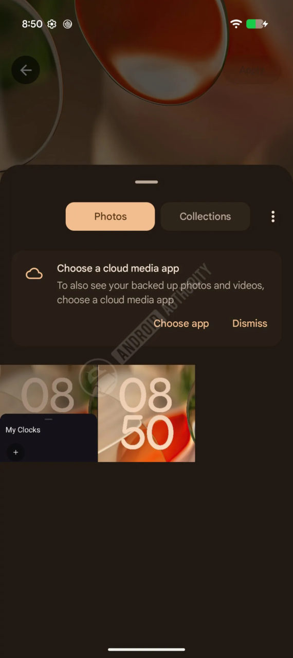 Pantalla de selección de aplicación en Android, con opciones de fotos y colecciones para medios en la nube.