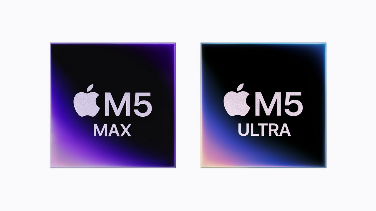 Logotipos de procesadores Apple M5 Max y M5 Ultra con fondo degradado en tonos morados y azules.