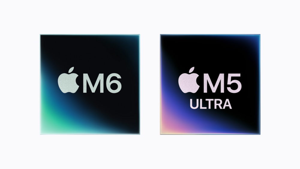 Apple presenta los chips M6 y M5 Ultra: potencia extrema e IA local en el Mac Dos chips de Apple, M6 y M5 Ultra, con diseños brillantes sobre fondo degradado oscuro.