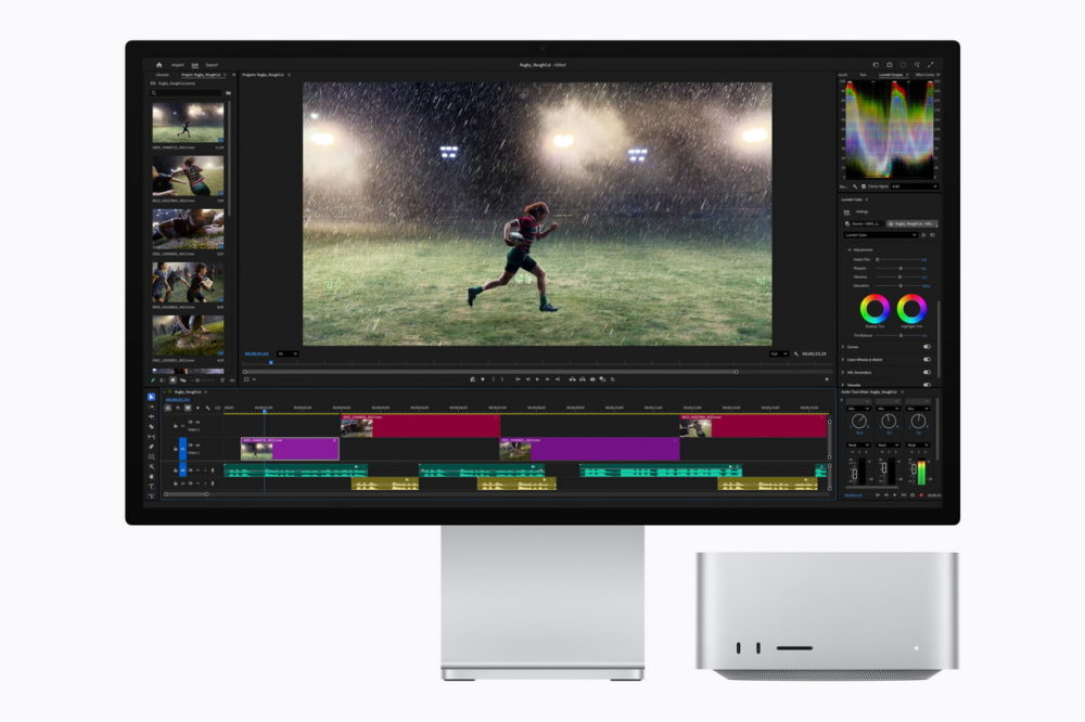 Apple presenta el Mac Studio con M5 Ultra: hasta 512 GB de memoria y potencia descomunal para IA Pantalla de edición de video mostrando jugador de rugby corriendo bajo la lluvia en un campo iluminado.