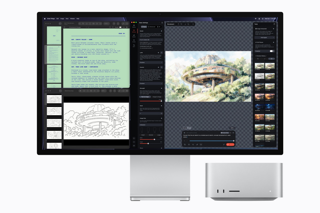 Pantalla de computadora con software creativo, mostrando texto, boceto y arte digital.