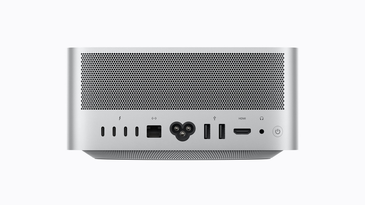 Parte trasera de una computadora con varios puertos: Thunderbolt, Ethernet, USB, HDMI y salida de audio.