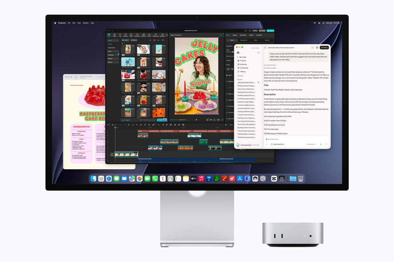 Pantalla de computadora con software de edición de video mostrando recetas de pasteles de gelatina y consejos.