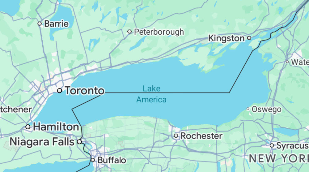 Google Maps cambia el nombre del lago Ontario por «Lake America» en tiempo récord Mapa del lago Ontario con ciudades como Toronto y Niagara Falls destacadas, límites territoriales marcados.