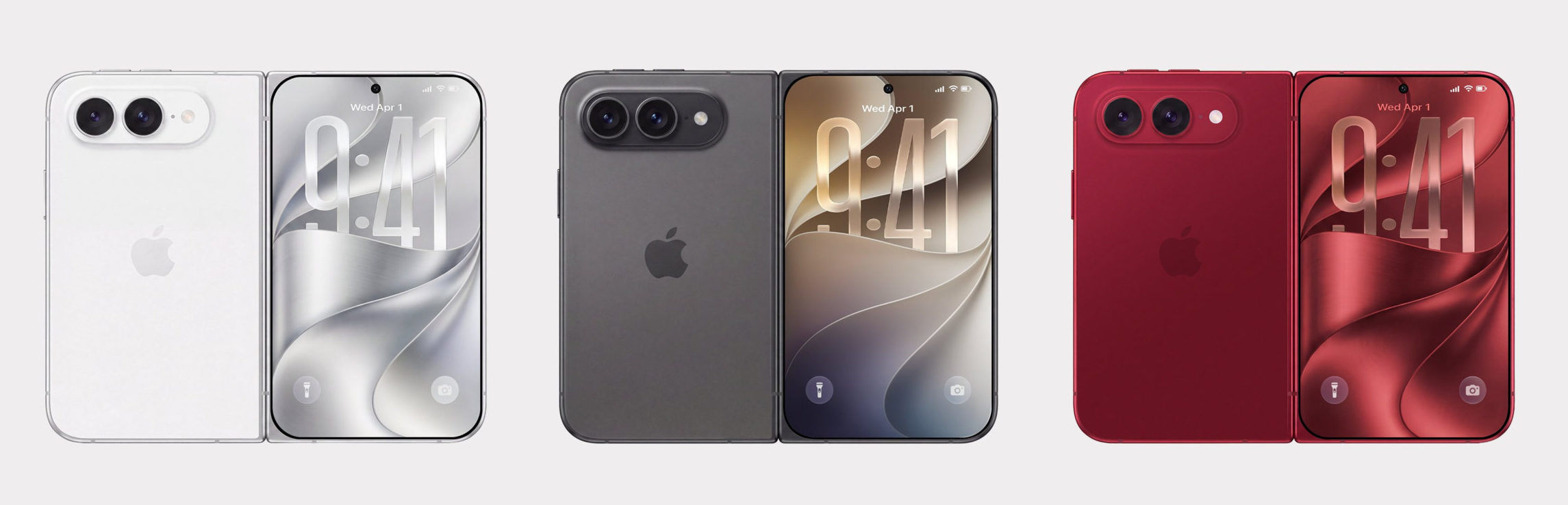 Tres smartphones plegables de diferentes colores: blanco, gris y rojo, mostrando pantallas encendidas con hora 9:41.