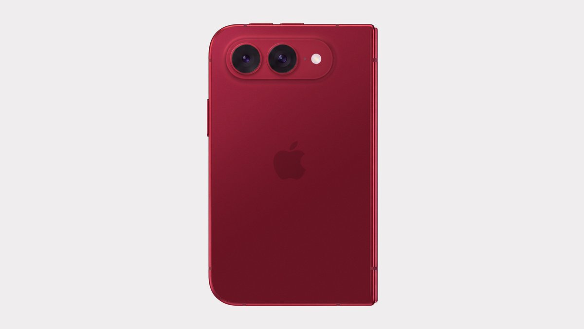 Teléfono plegable rojo con doble cámara trasera de diseño innovador y logotipo visible de la marca.