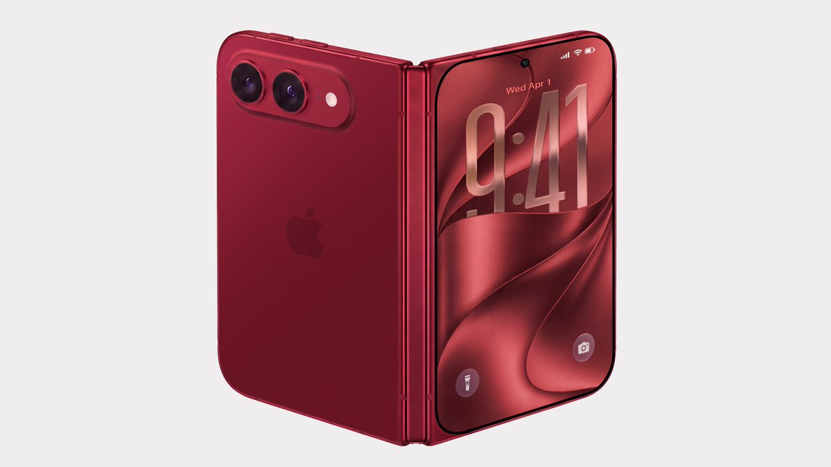 Teléfono plegable rojo con doble cámara y pantalla interior desplegada, mostrando la hora 9:41. Diseño moderno y elegante.