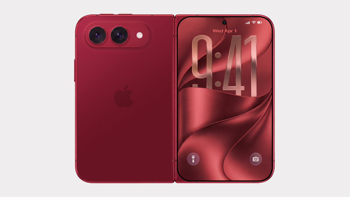 Teléfono inteligente rojo plegable con pantalla abierta, mostrando diseño innovador y tecnología moderna.