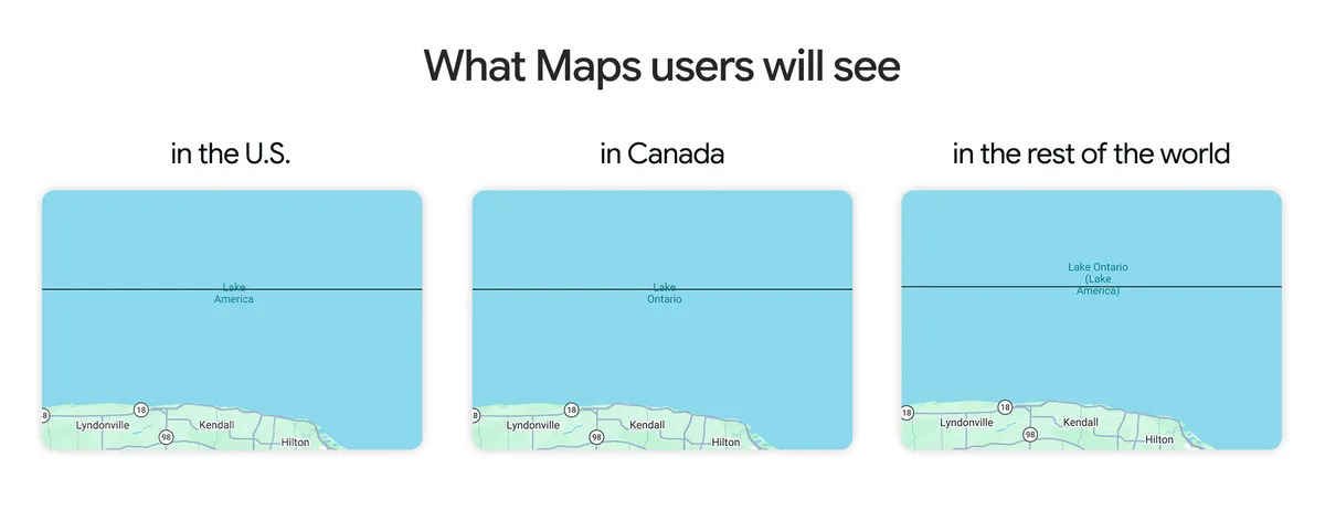 Vista de mapas de un lago según el país: EE.UU., Canadá y resto del mundo. Diferencias en el nombre mostrado.