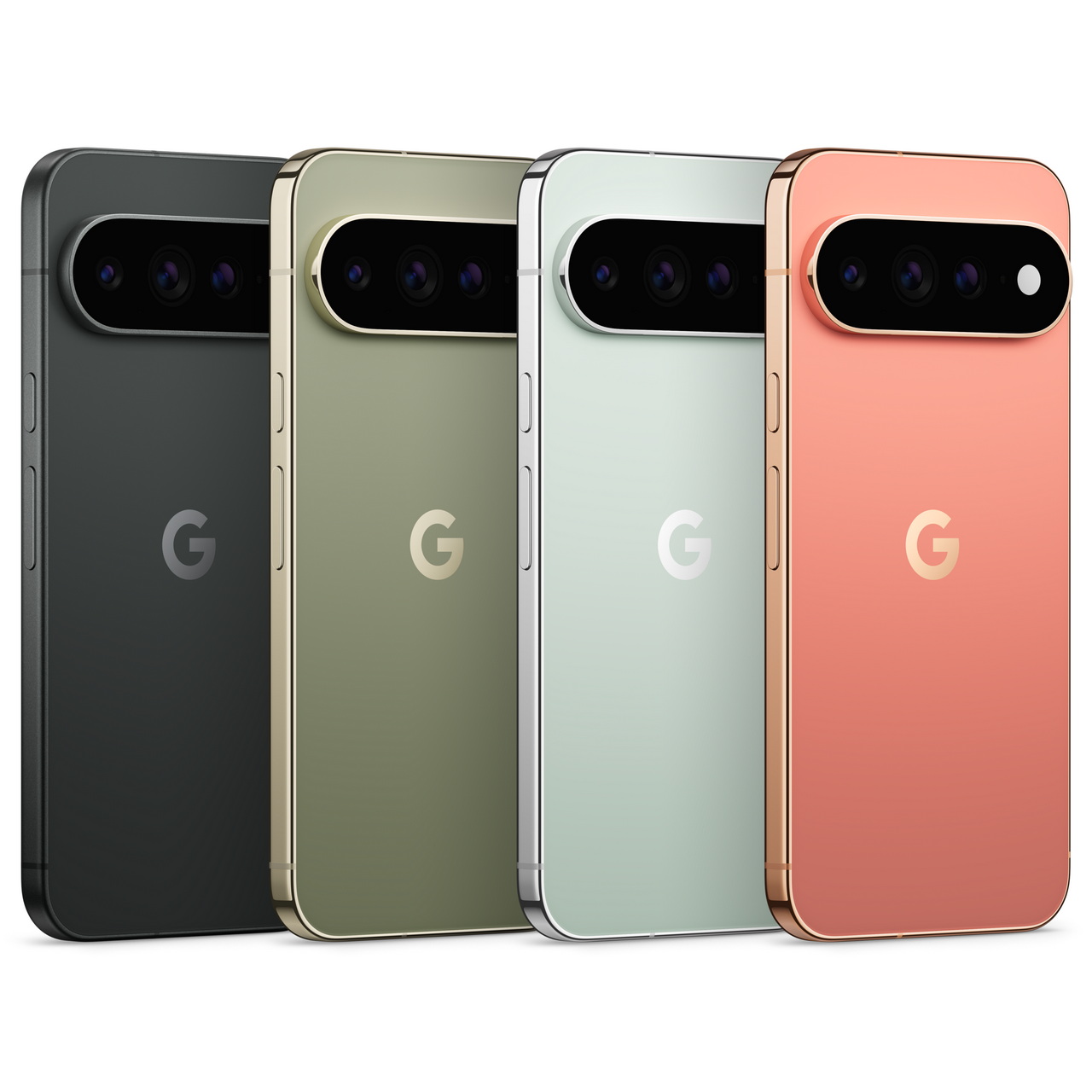 Cuatro teléfonos inteligentes de varios colores en fila mostrando el diseño trasero y cámaras de última generación.