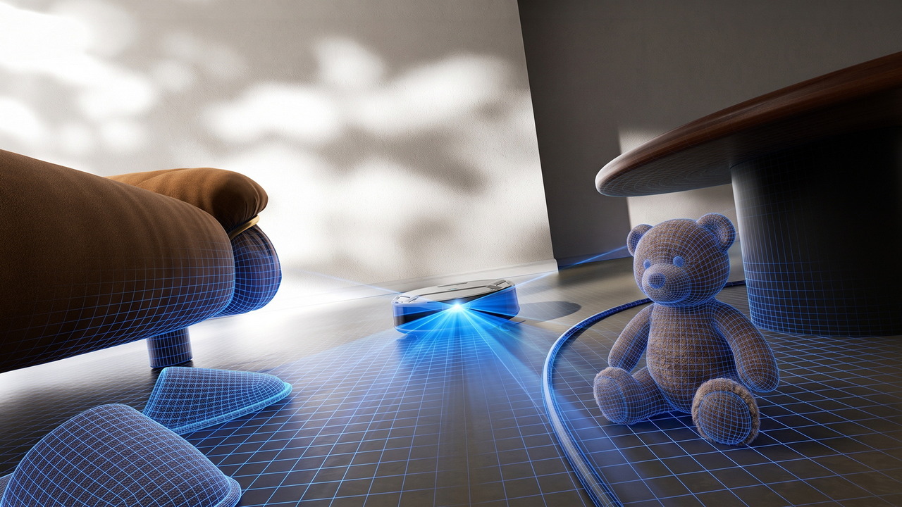 Robot aspirador navegando en una sala con mapeo digital, junto a un oso de peluche y muebles. Tecnología inteligente.