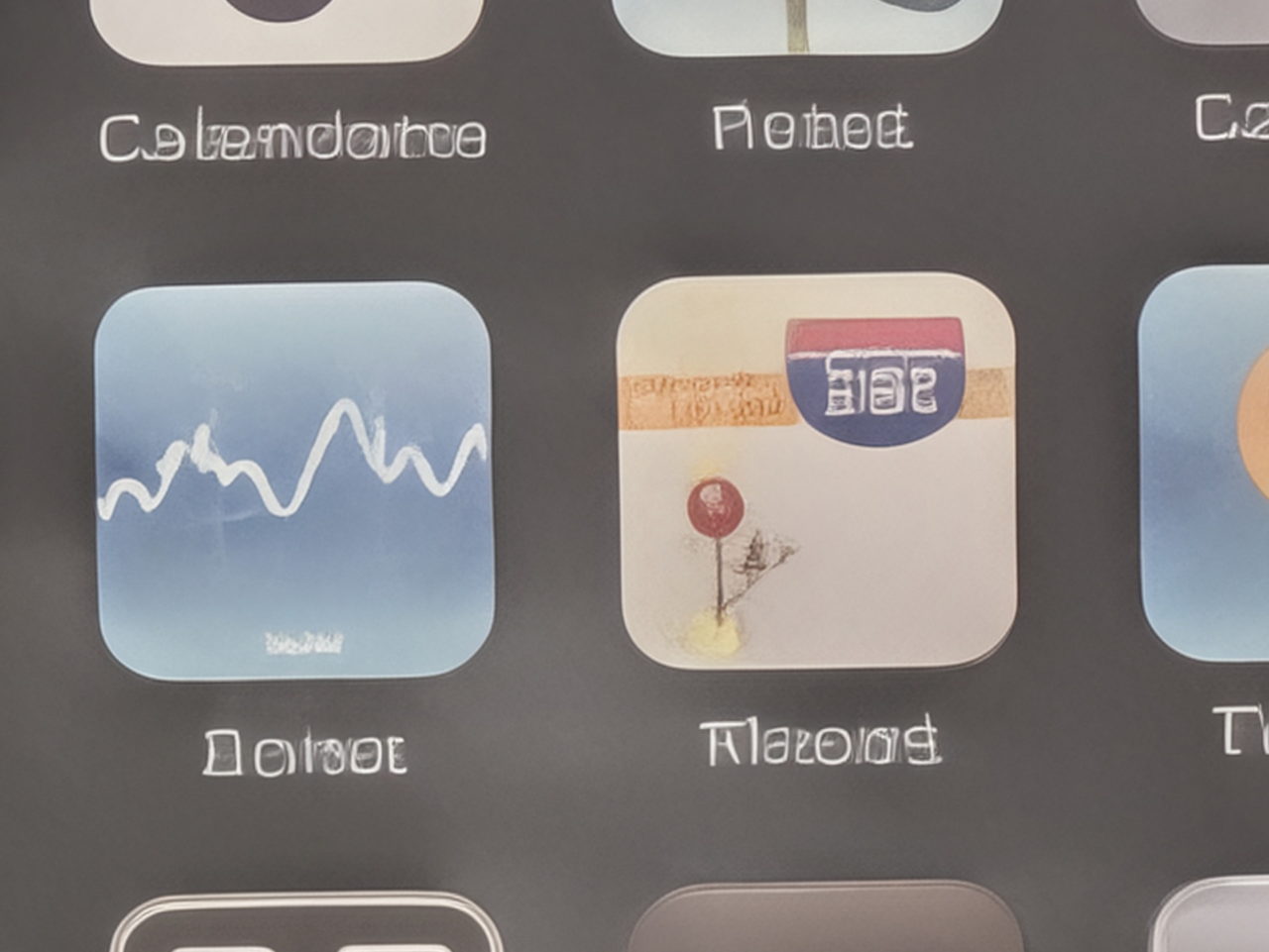 Iconos de aplicaciones en una pantalla con fondo negro, incluyendo gráficos y diseño minimalista.
