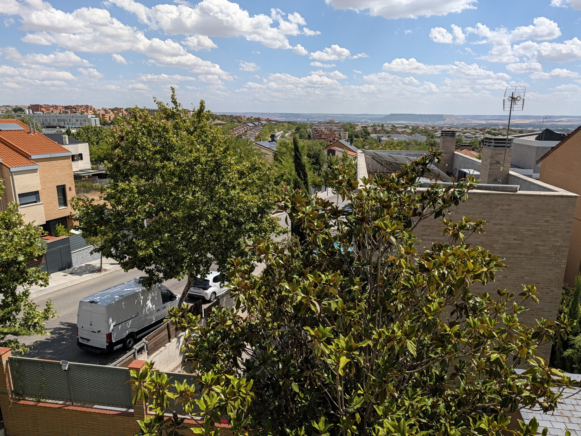 Vista de un barrio residencial con casas, árboles y cielos despejados en un día soleado.