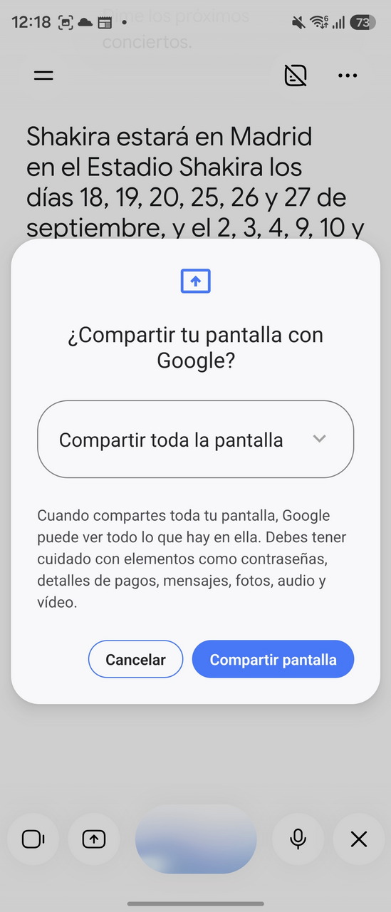Pantalla de aviso sobre compartir con Google, con fechas de conciertos en Madrid en el fondo.
