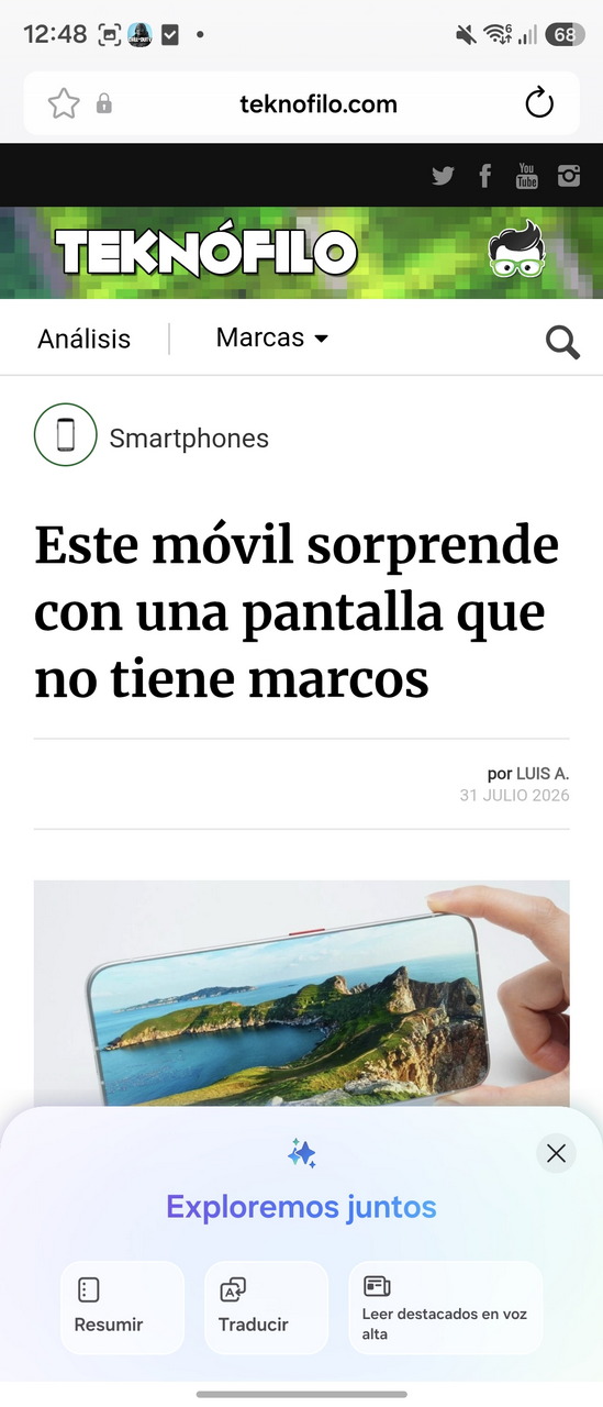 Pantalla de smartphone sin marcos mostrada en sitio web Teknófilo sobre novedades tecnológicas.