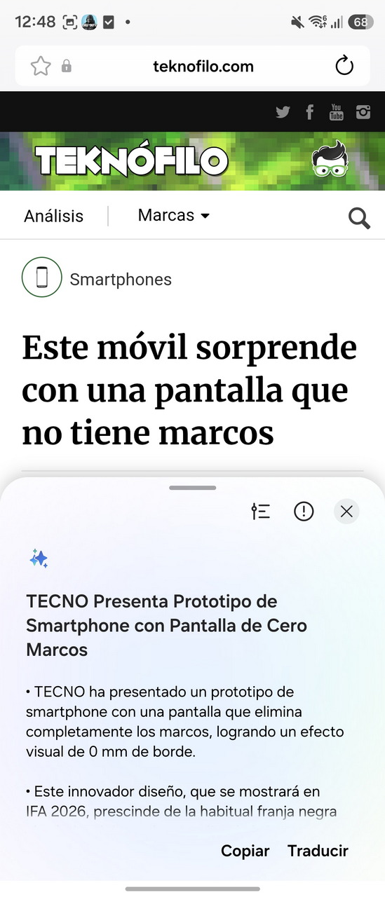 Pantalla del sitio web Teknófilo destacando un smartphone con pantalla sin marcos, innovación de TECNO.