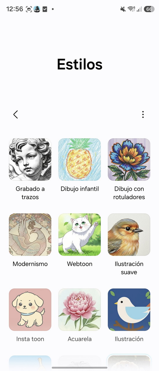 Menú de estilos de ilustración: grabado a trazos, dibujo infantil, rotuladores, modernismo, webtoon, y más.