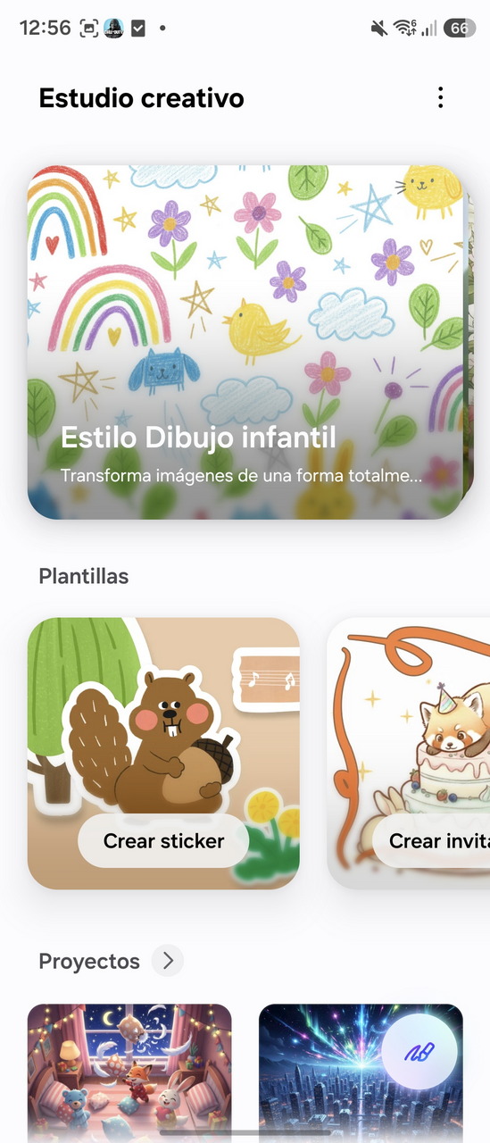 Pantalla de aplicación de diseño con opciones de Estilo Dibujo Infantil y Crear sticker.