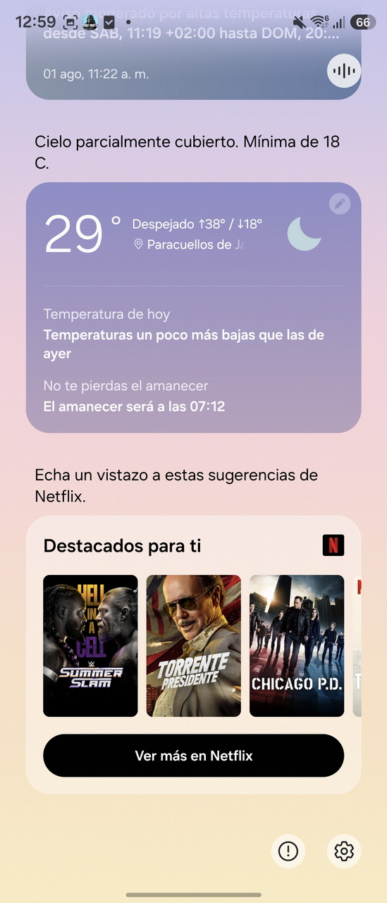 Pantalla de clima con 29°C en Paracuellos, cielo despejado, sugerencias de Netflix como Torrente Presidente.